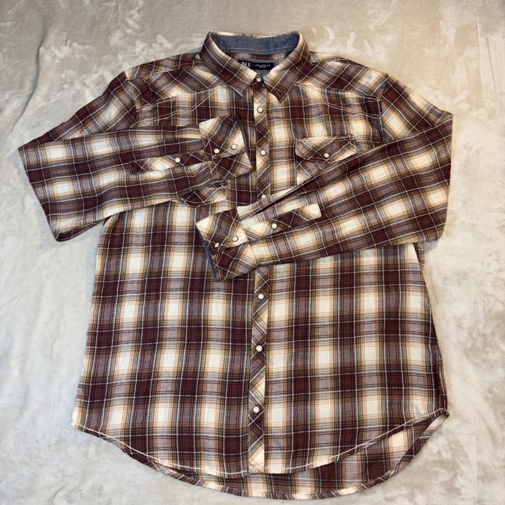 BKE Athletic Fit Mens XL Brown Plaid Western Snap Long Sleeve Shirt I1774FPW